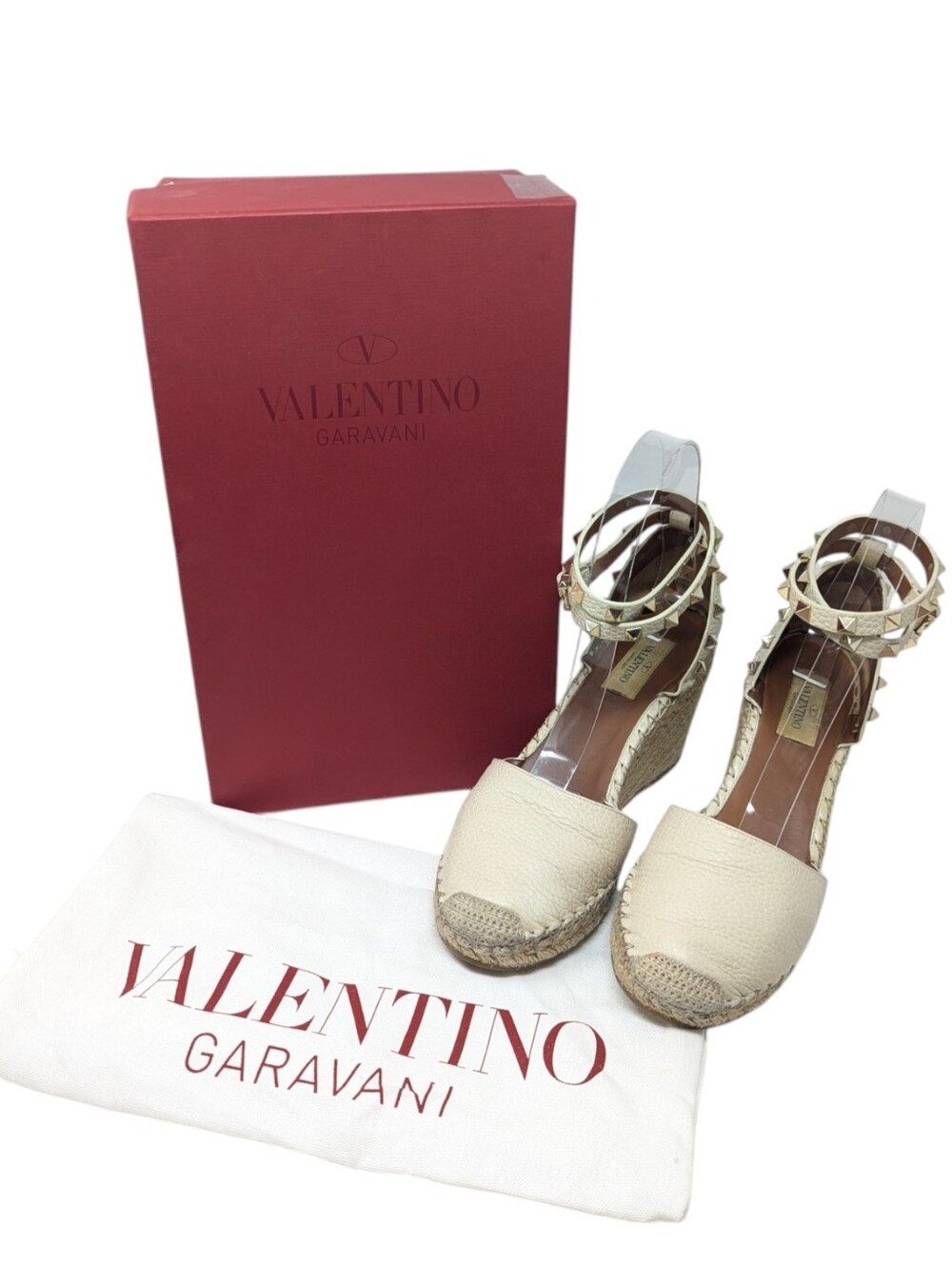 Valentino Garavani Rockstud Cream Leather Espadrille Wedges Size EU 38